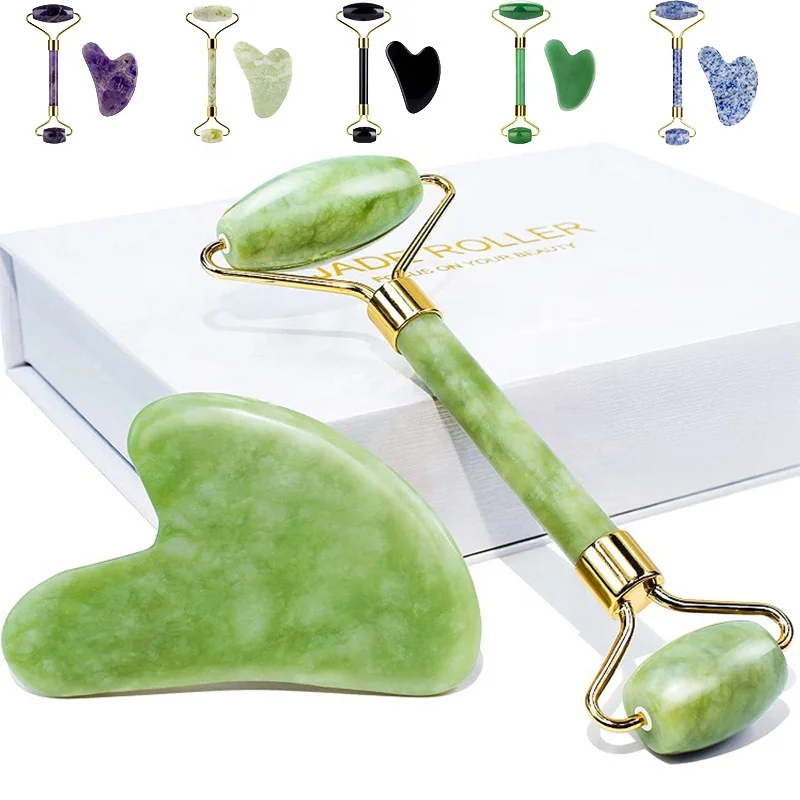 2-в-1 камень уход за кожей лица массажер для тела, анти-старение, инструменты подлинные зеленый нефритовый валик гуаша скребки