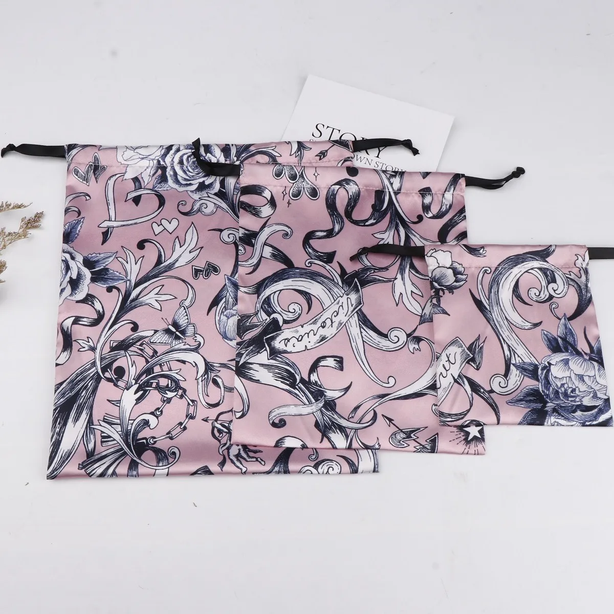 ISO9001 factory custom digital allover printing satin drawstring dust bag for tarot card