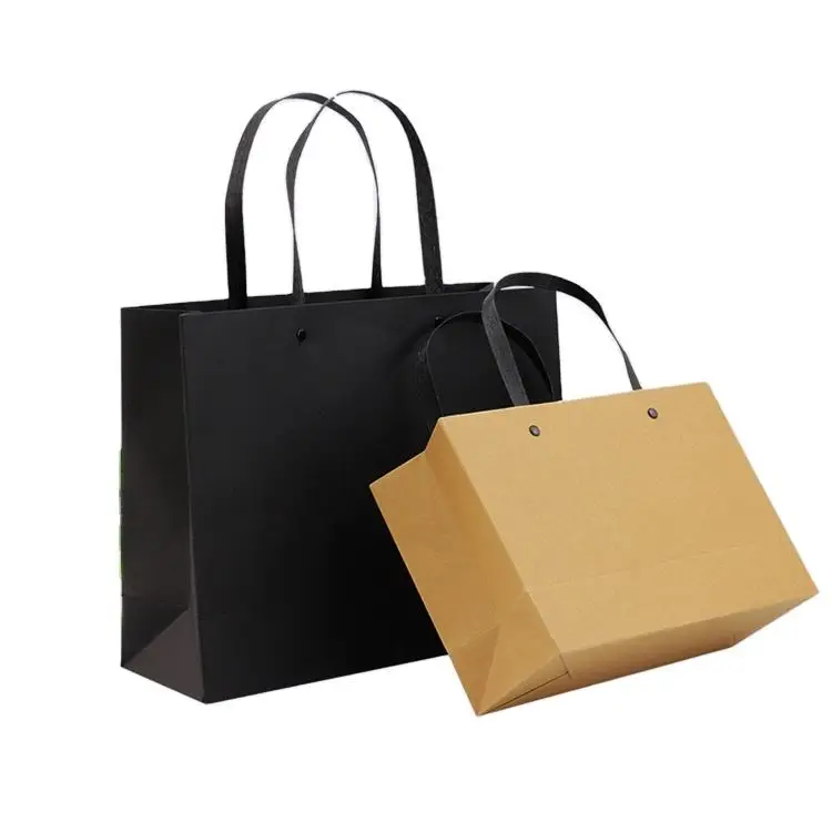 luxury New Gold Logo Hot Foiled Stamping Black Matt Kraft Paper Bag With Cotton Rope Handles