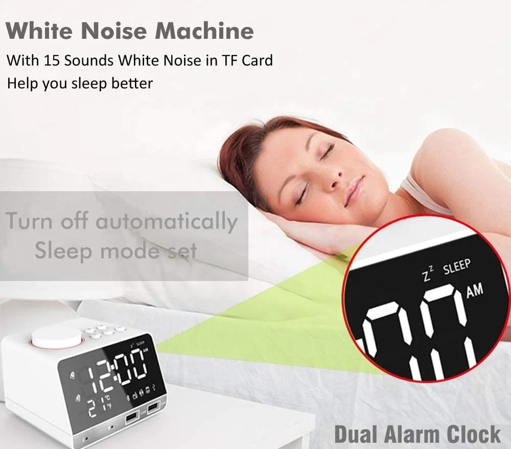 Dual Alarm Clock with Blue tooth Speaker White Noise Machine Sleep Sound Machine with FM Radio Dual USB Charging Ports Snooze