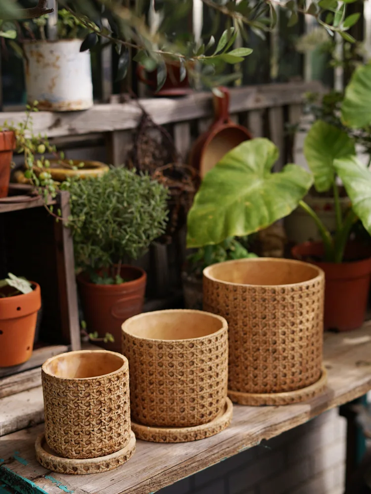 Antique Classic Traditional Chinese Bamboo Weaving Design Cement Flower Pot For Home Decor
