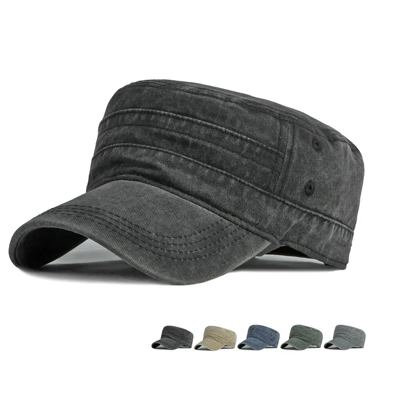 5 Panel vintage adjustable washed cotton cadet flat top cap for women men
