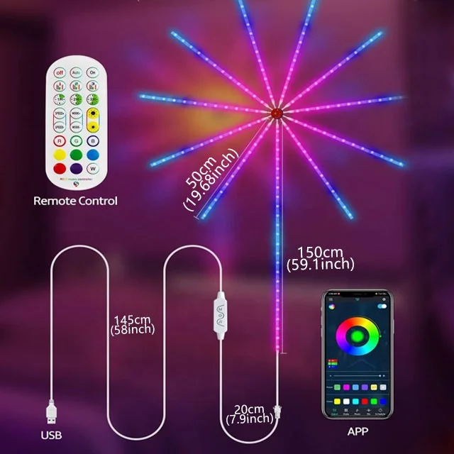 LED Smart Dream Color Firework Lights Decorative Electric Remote Control Firework Strip Light With APP Music