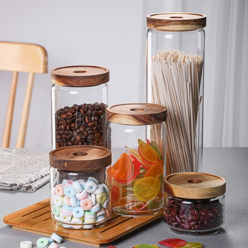 Wholesale Transparent Sealed Glass Candy Jar Glass Cans Tea Cans Snack Storage Tank Japanese Style Acacia Wood Storage tank