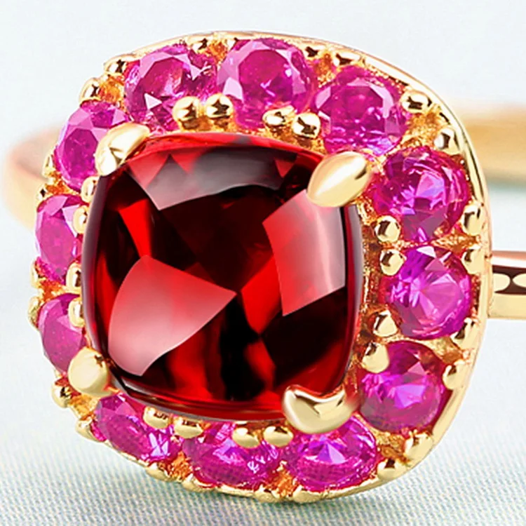 Natural Garnet Gold Plated Silver Resizable Charming Ring Red Gemstone Carbuncle Rings