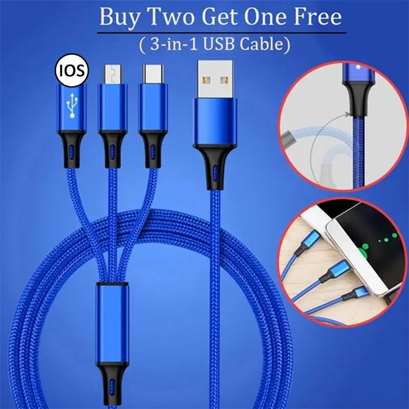 2022 Hot sell  1.2M 3 In 1 Micro USB Type C Charger Cable Multi Usb Port nylon braid Usb Charging Cable For Mobile Phone Cables