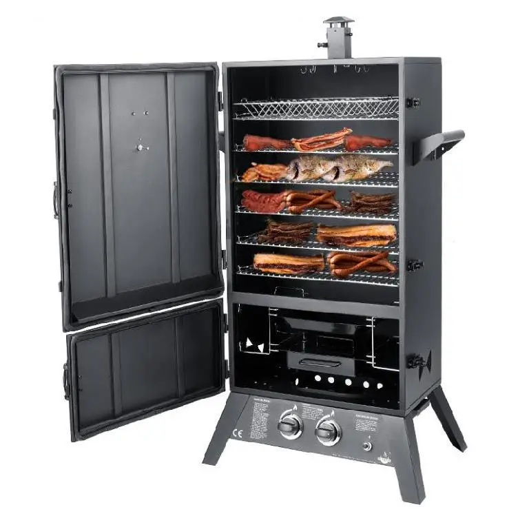 Iron paint 50-120 degrees Celsius Movable Large Cooking Area 2 Gas burner bbq smoker grill with furnace stack