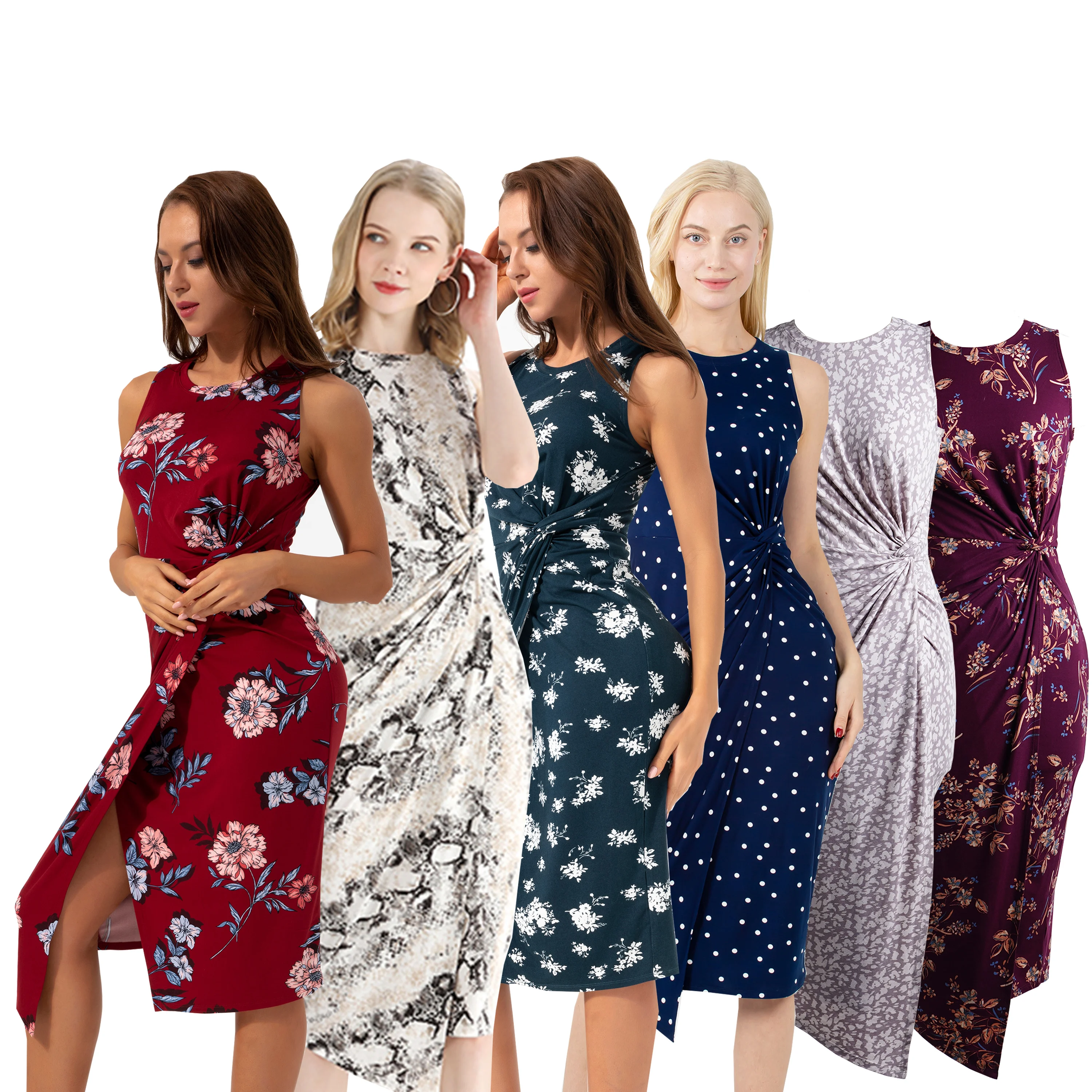 Women Summer Printed Round Neck Sleeveless Sexy Casual Waist Knot Wrap Midi Knitted Fitted Dresses Casual For Women