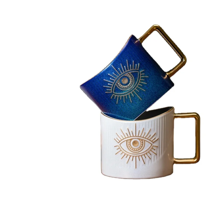 Luxury Sparkle Evil Eye Mug Ceramic Eye Mug Creative Gifts Personalized Gold Handle 14 oz Porcelain Mugs Shining Finishing
