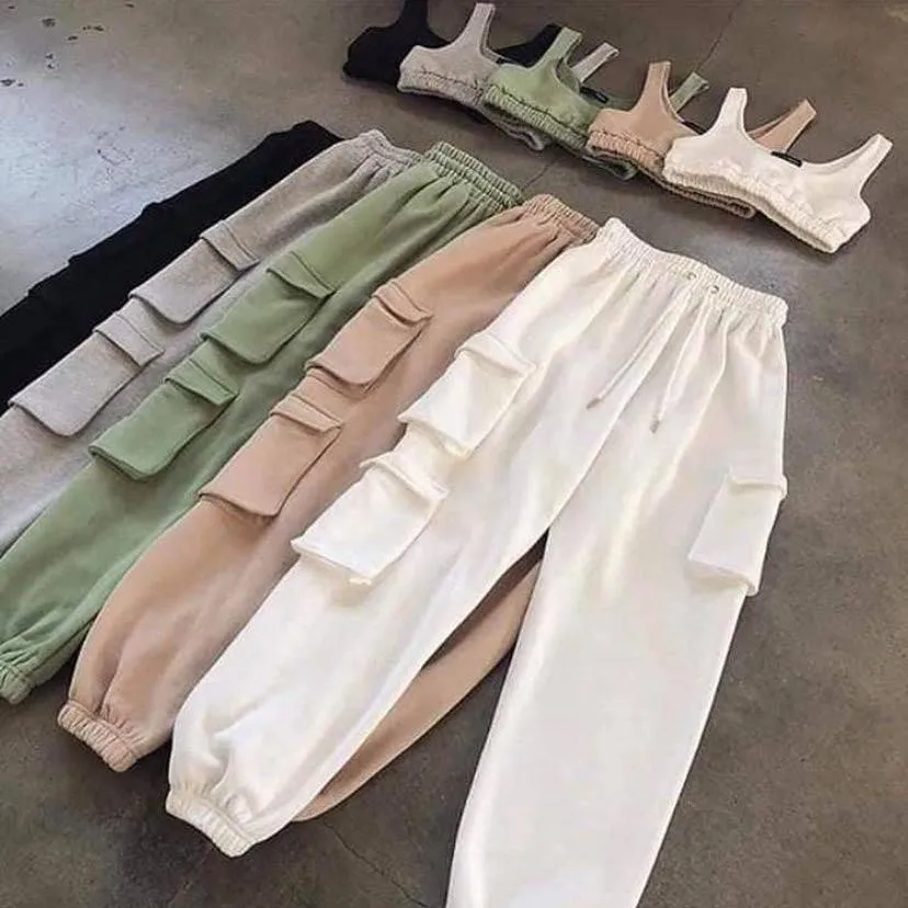 Custom New With Side Pockets Trousers Two Piece Sets 2021 Solid Color Cargo Sweatpants Custom Logo Two Piece Pants Set