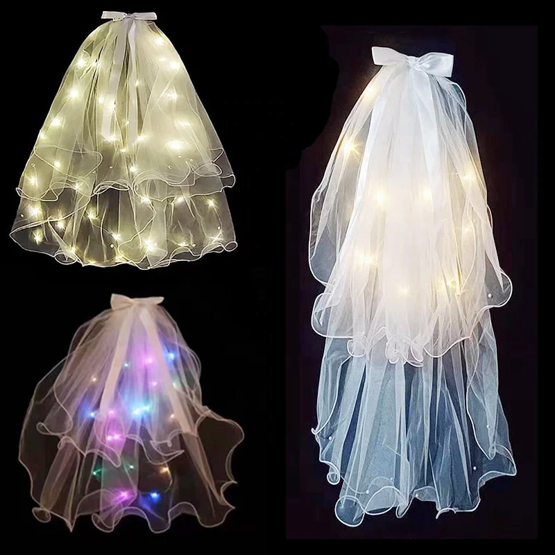 
Amazon Hot Sell Satin Ribbon Bow Bridal Wedding Veil Long Short Wave LED Veil With Comb For Wedding Hen Party Photo Props 