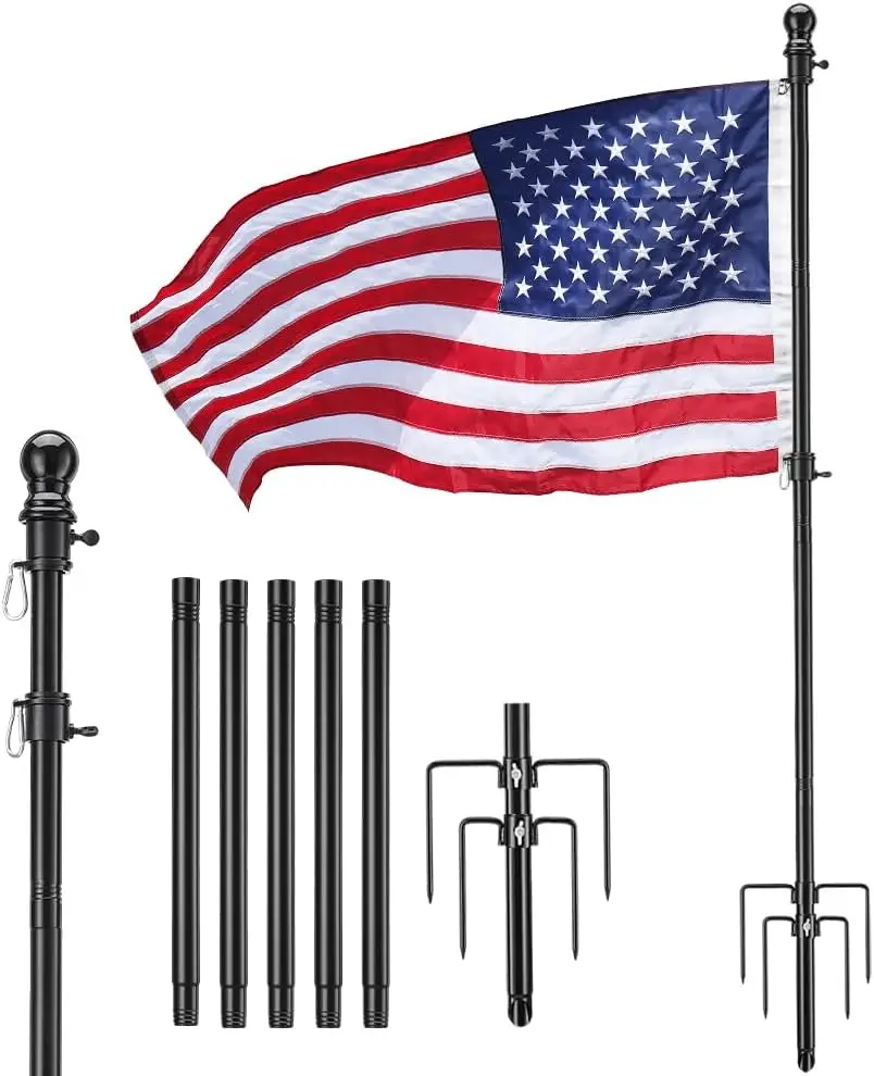 outdoor Yard 9 ft Tangle Free  Flag Pole Kit with 4 Anti-Tip Prong Base  black silver stainless steel flag poles