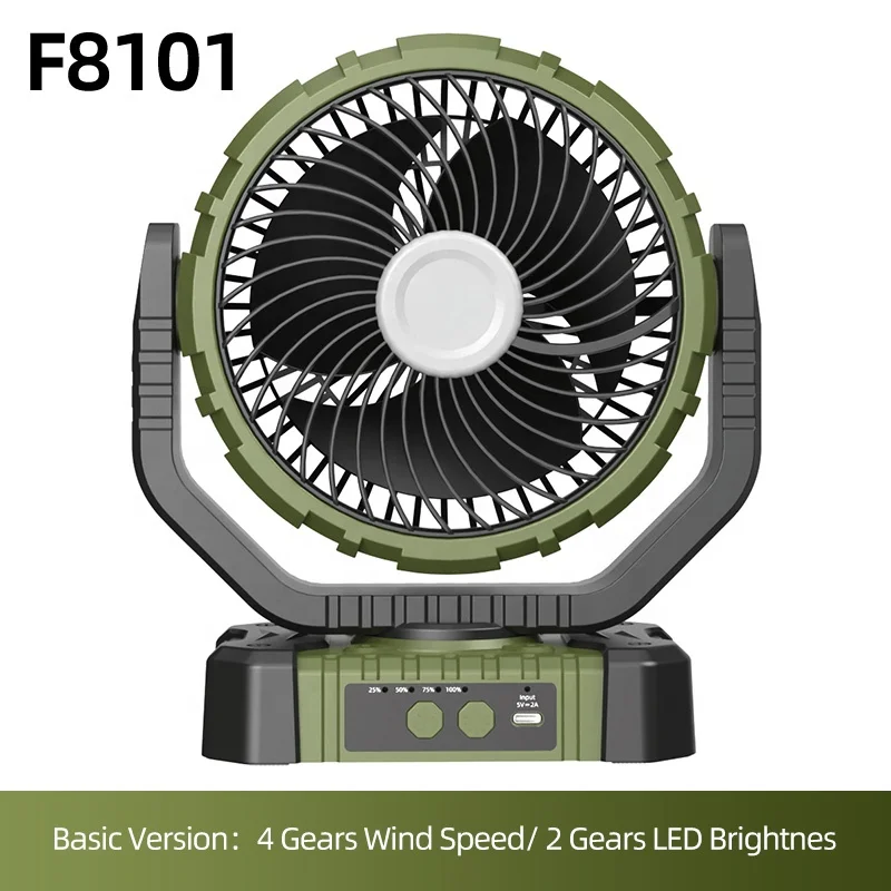 F8101 Multifunctional Fan Outdoor Rechargeable Standing Fan with LED Lamp for Camping Desktop