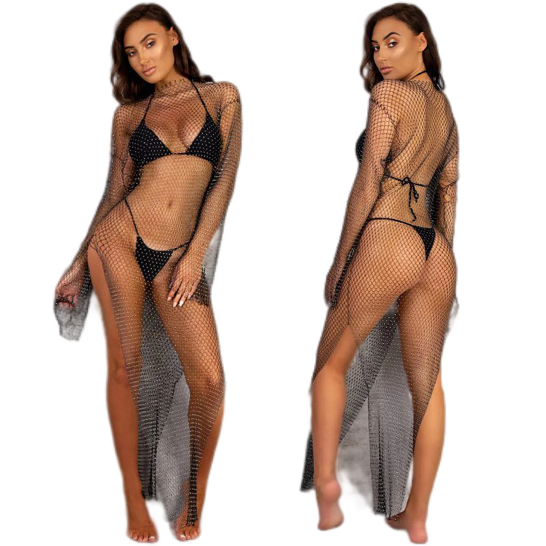 Модная черная накидка для ночного клуба прозрачное блестящее роскошное Сетчатое женское сексуальное платье в сеточку со стразами