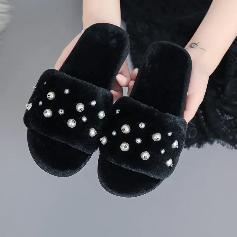 Woman  fashion house fuzzy fluffy fur open toes pearl  slipper