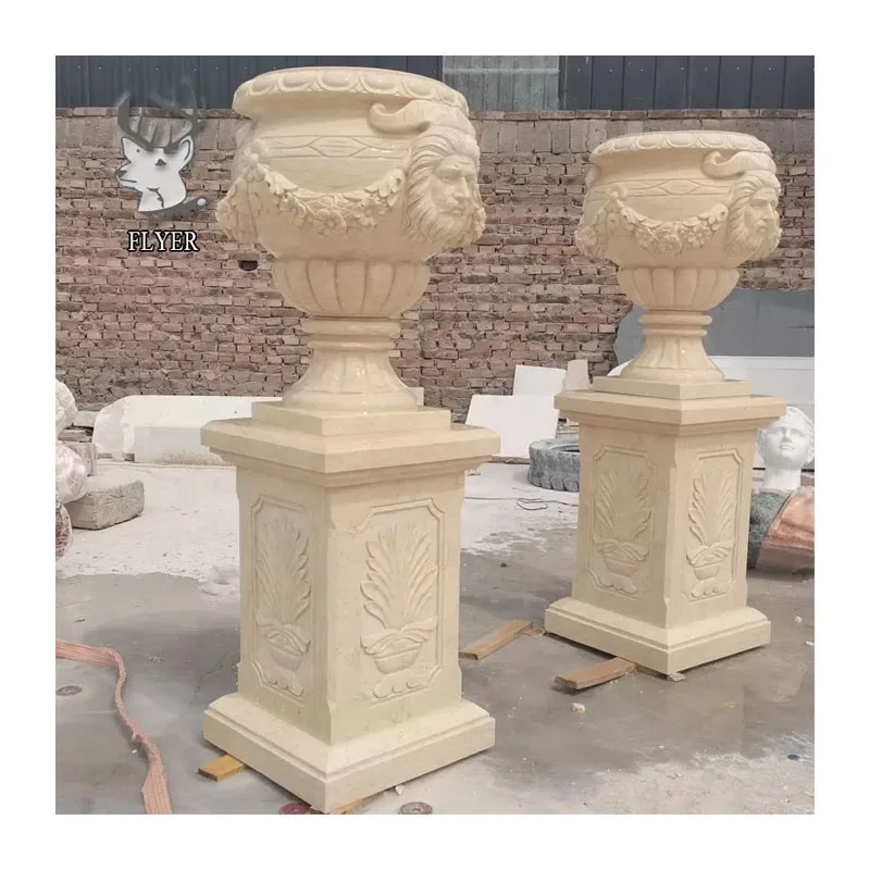 Custom Garden Stone Carvings and Sculptures White Marble Flowerpot Urn Planters