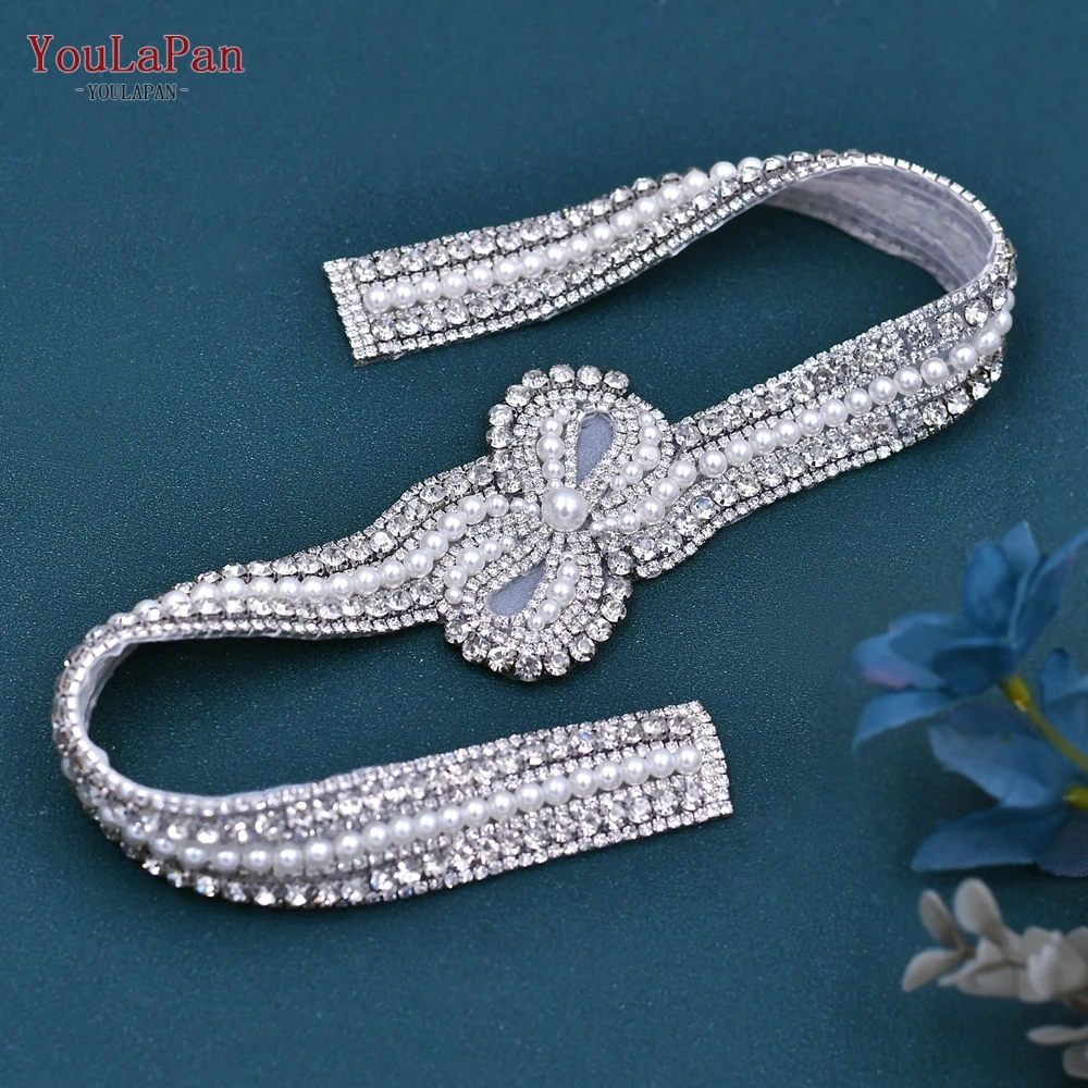 YouLaPan S54 New Bow Shape Rhinestone Pearl Belt High Quality Wedding Party Dress Sewing Applique Bridal Waist Belt