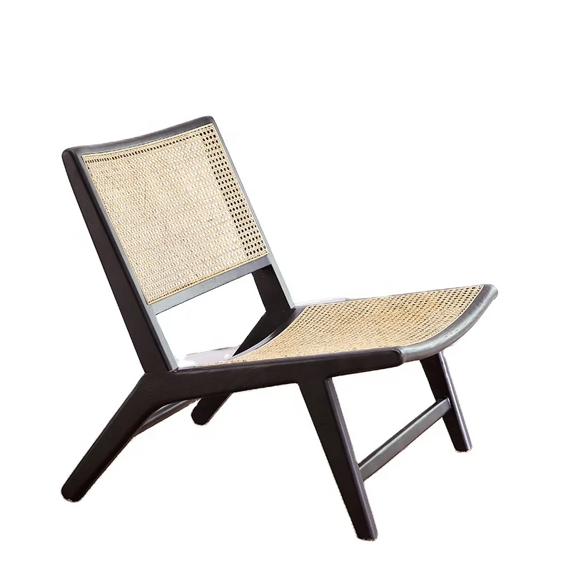 Danish Vintage Low Black Natural Rattan Cane Wicker Lounge Chair