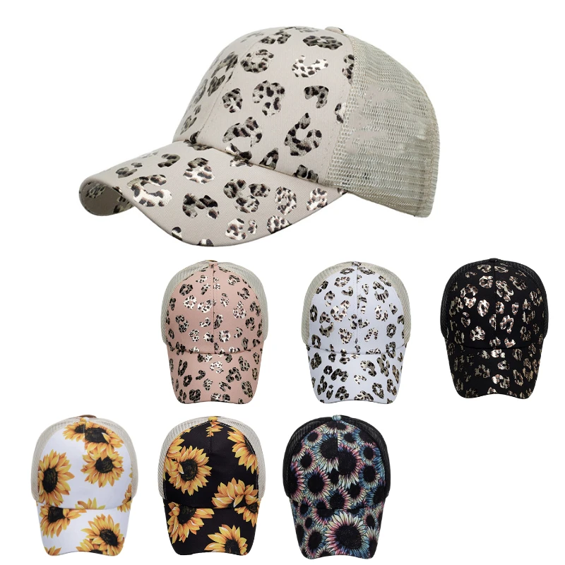 O255 Women Casual Summer Mesh Snapback Hat Adjustable Sunflower Leopard Printed Sports Caps CrissCross Messy Bun Ponytail Hat