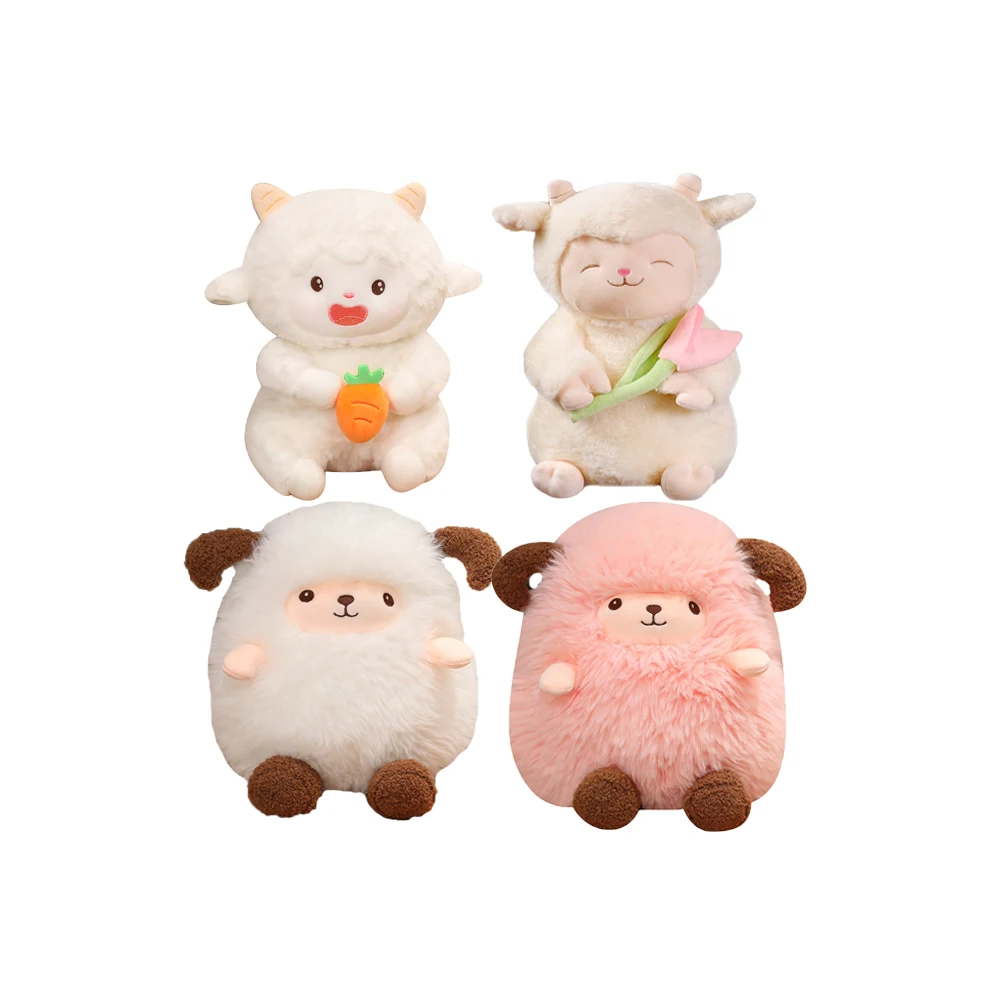 Fluffy Chubby Round Sheep Plush Pillow Kawaii Stuffed Farm Animal White Lamb Toys Holding Tulip Customized Plush Toy ISO Factory
