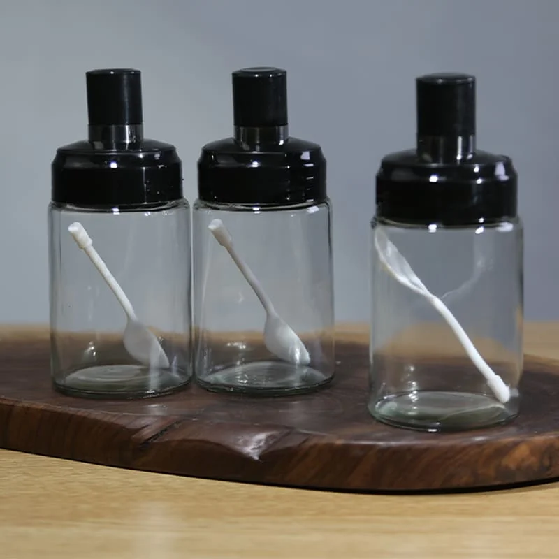 Functional Glass Seasoning Shaker with Spoon for Kitchen and Barbecue