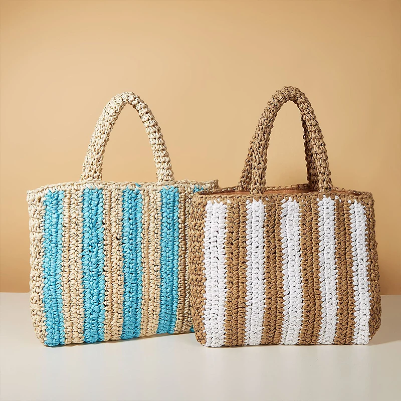 2022 new simple vertical striped handbag straw bag fashion casual beach bag