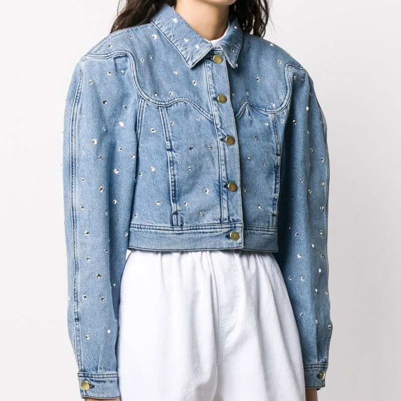 OEM/ODM 2023 Winter Rhinestone Embellished Cotton Blue Denim Jacket