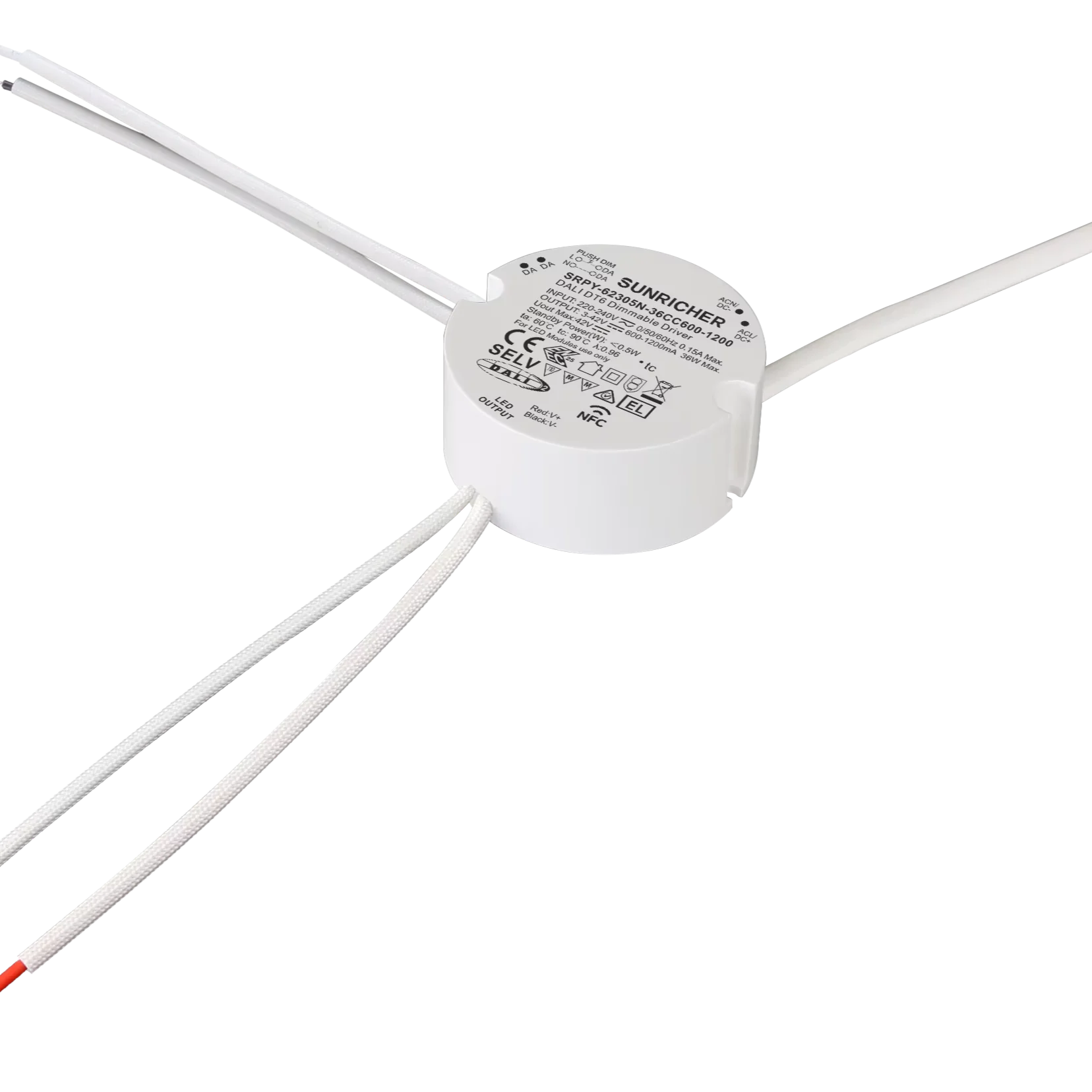 Sunricher 36W DALI DT6 NFC Enabled Round LED Driver With 600-1200mA Current Selectable via NFC Program Tool.