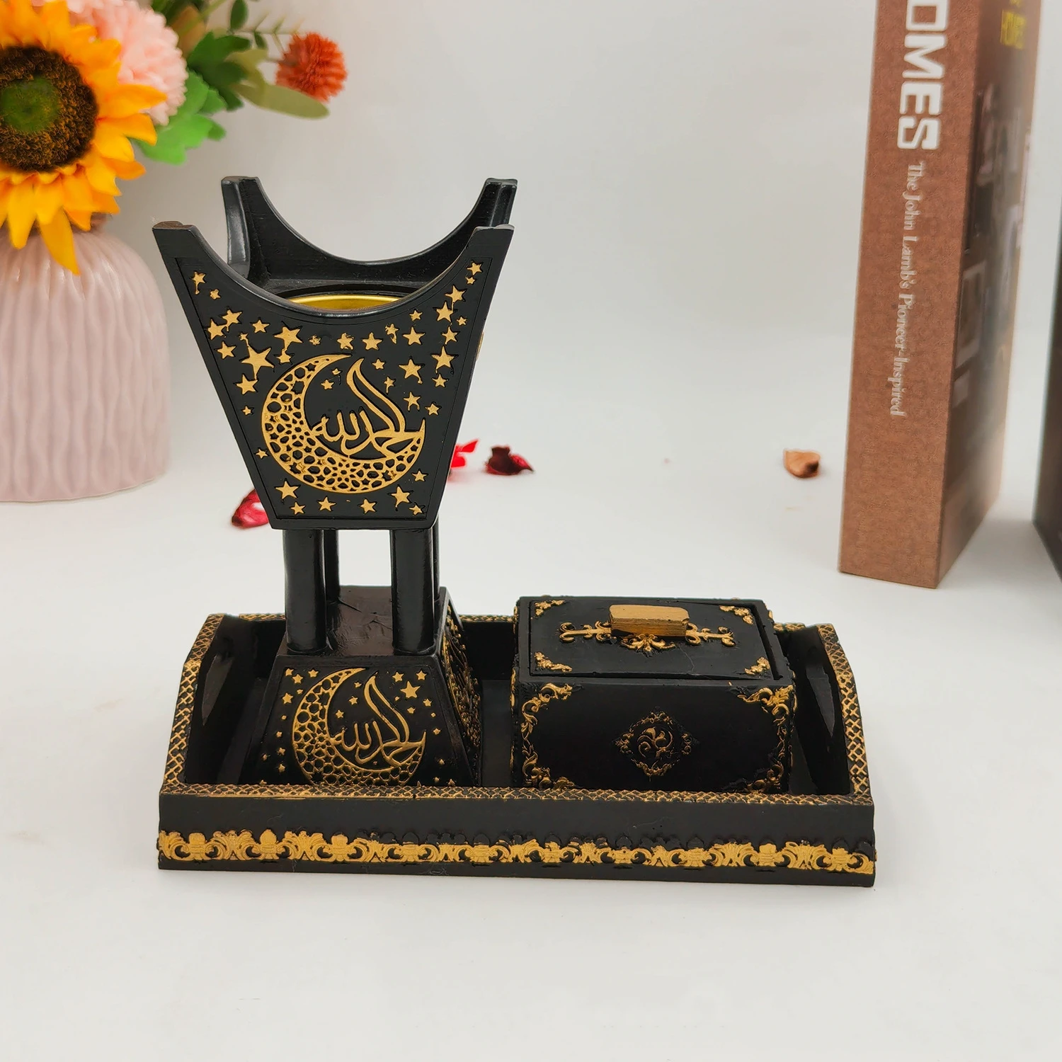 2023 New resin Four corner charcoal stove Three-piece incense burner set Tray, spice box Premium business gifts Resin BAKHOOR