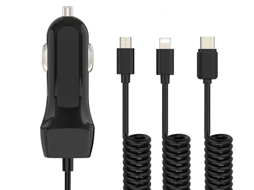 Phone USB C Car Charger Fast Charging  Port Car Adapter With 3ft Coiled Cable