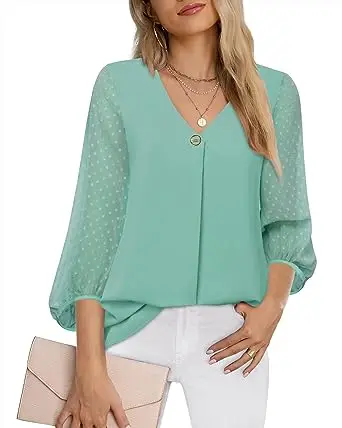 Womens Lantern 3/4 Sleeve design oem Customizable Causal Loose V Neck Chiffon Blouses Tops square neck blouse