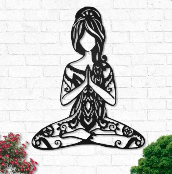 Yoga Girl In Hippie Style Metal Wall Art With LED Lights Yoga Room Sign Decoration For Living Room Namaste Outdoor Home Decor