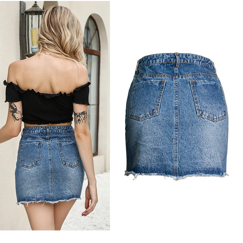 Женская короткая джинсовая юбка с высокой талией и жемчужным синим принтом