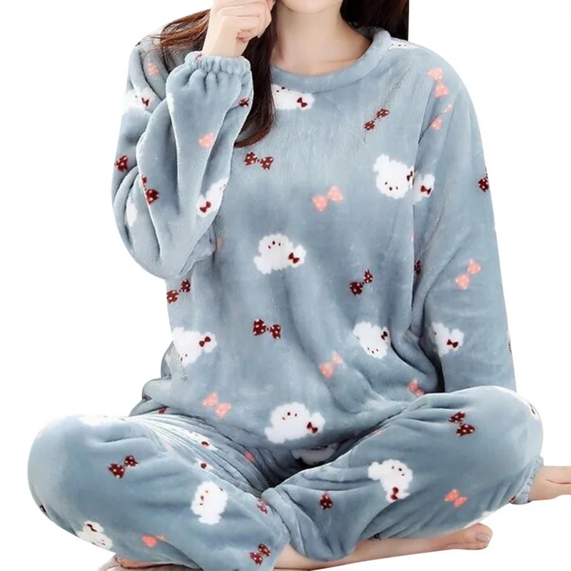 
Women Cute Print Winter Pajama Set Long Sleeve Loose Top Elastic Waist Thick Warm Sleepwear Home Clothing 