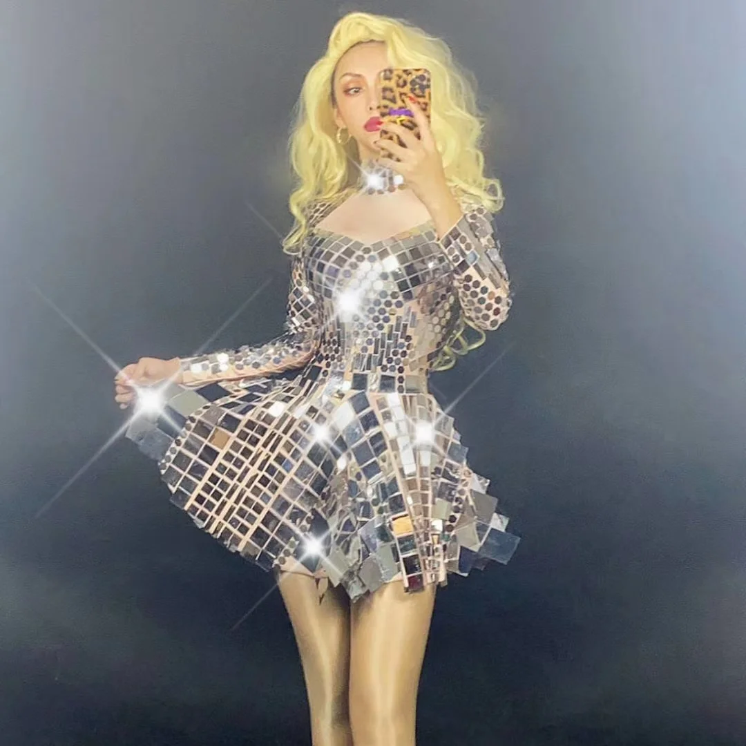 Shiny A Line Mirror Sequins Birthday Party Short Prom Dress Dancer Festival Stage Performance Costume Women Sexy Mini Club Dress