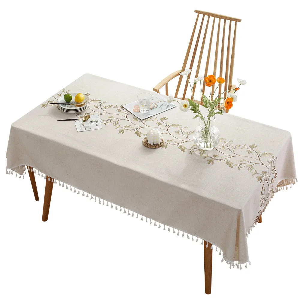 Cotton and linen simple fashion embroidered rectangular tablecloth
