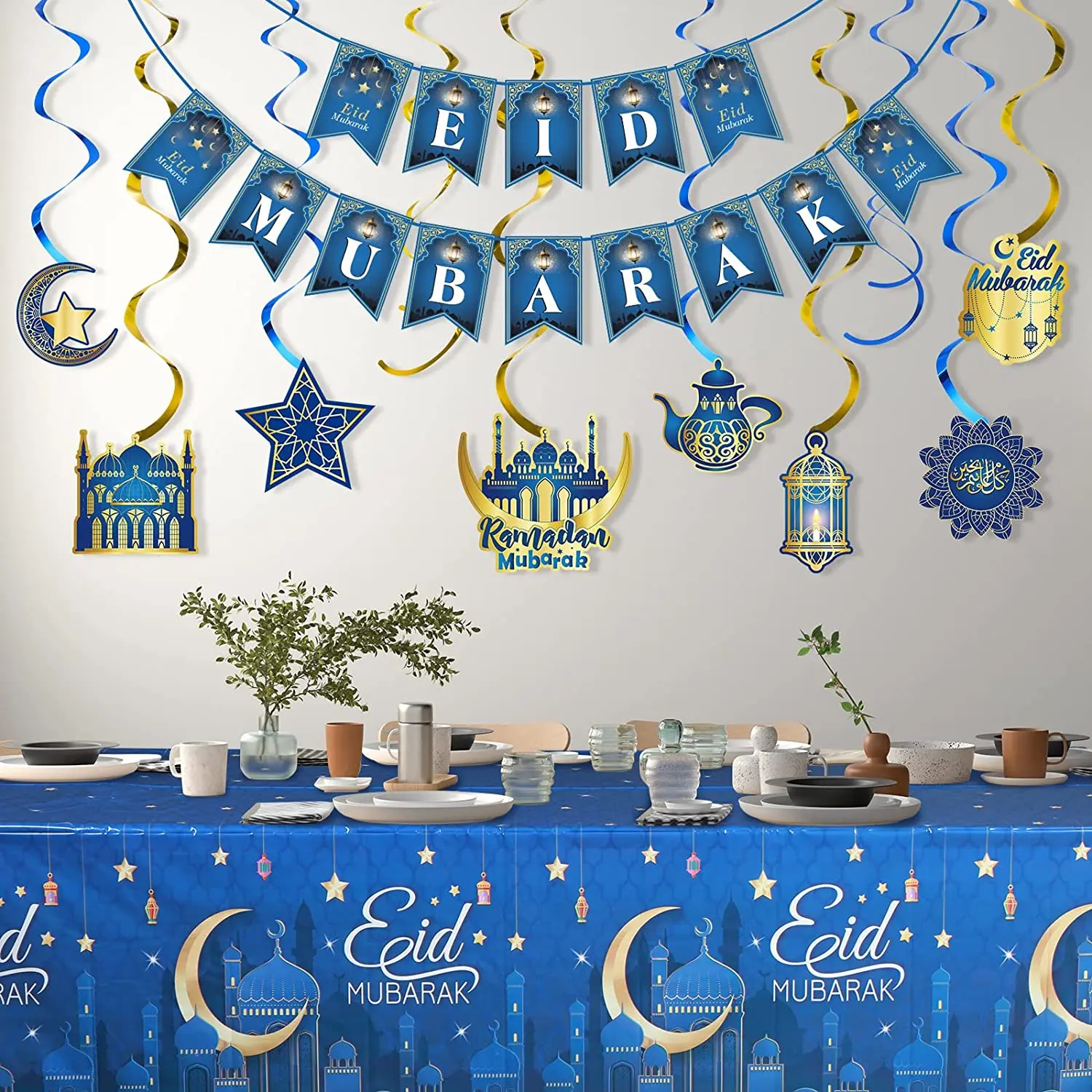 2023 New Eid mubarak decorations for table paper plate set disposable tableware set Napkins for Ramadan Eid Mubarak tableware