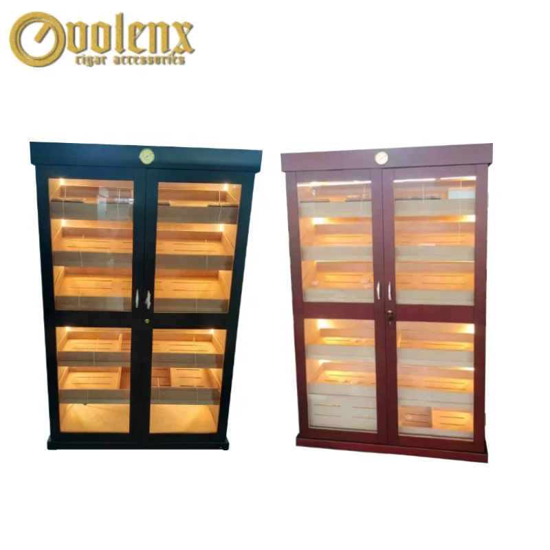 Custom  LED humidor Cabinet Cigar Humidifier Double door  6 trays MDF Solid Wood Walnut wood display humidors cigar cabinet