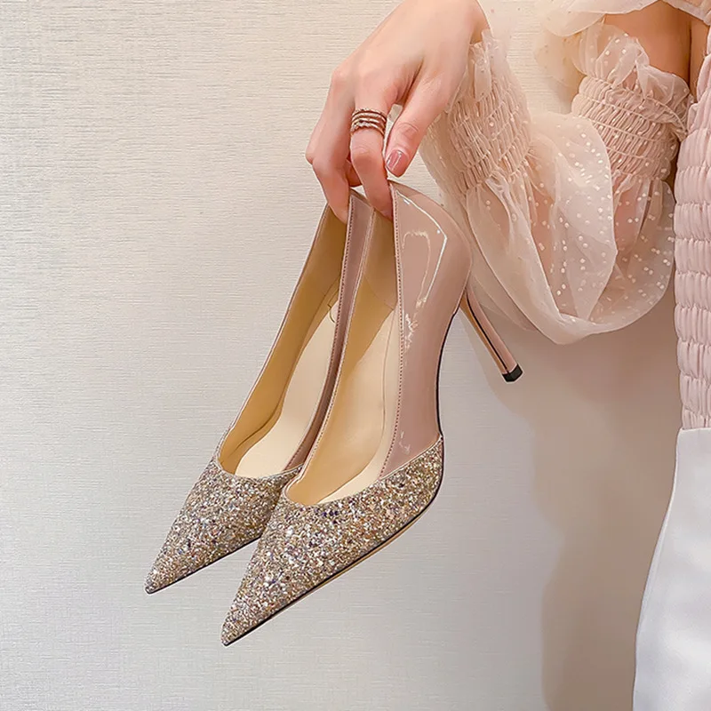 Wholesale Shinny Nude Patent Glitter Point Toe Wedding Shoes Women High Heels Bridal Pump