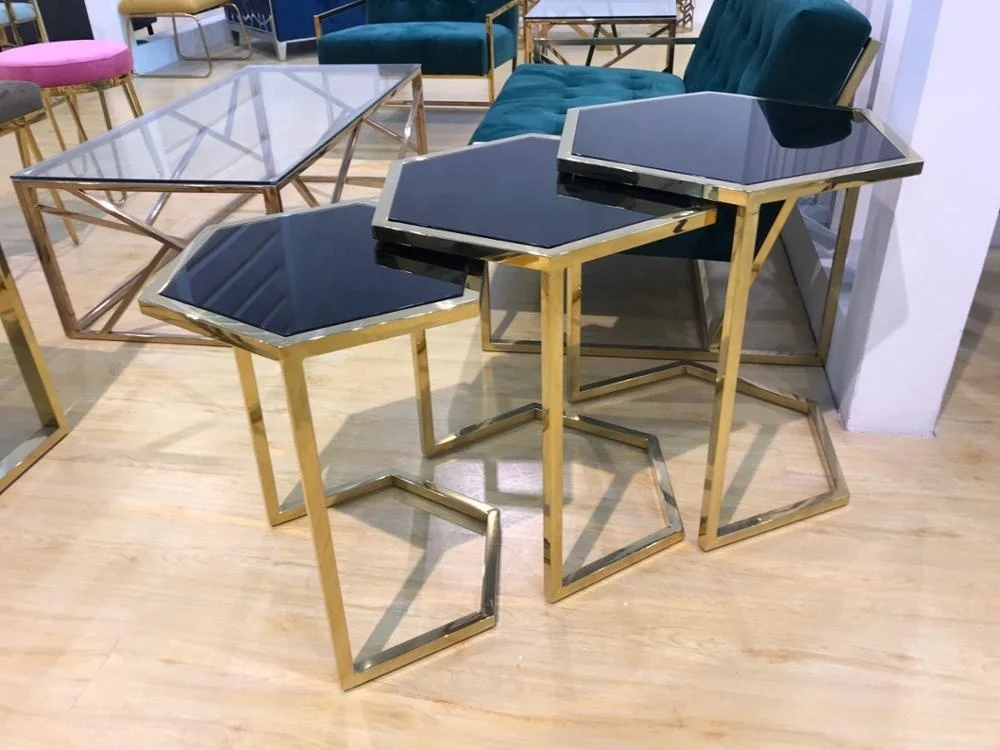 Contemporary Stackable Nesting Table Luxury Gold Stainless Steel Glass Coffee Table