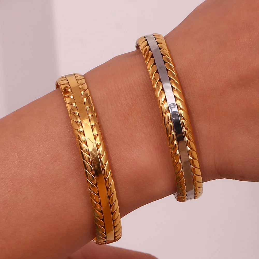 Unique Wholesale Custom Non Tarnish 18K Gold Plated Stainless Steel Bracelet Knit Texture Open Bangle Bracelet for Women