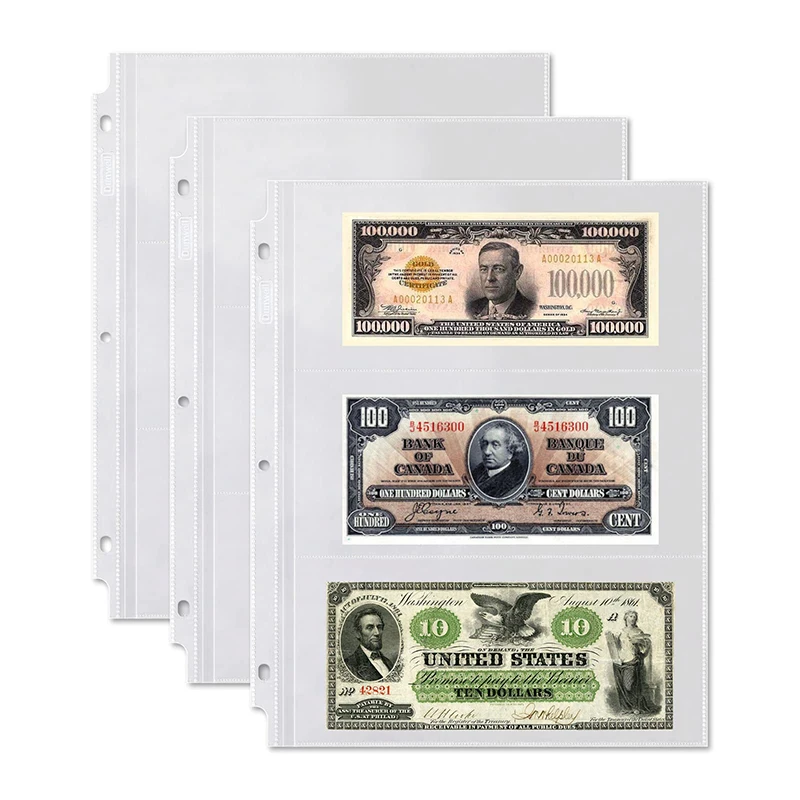 Acid-Free Plastic 3-hole Punched  Dollar Bills Coupons Currency Paper Money Collection Sleeves Album  Pages For Collectors