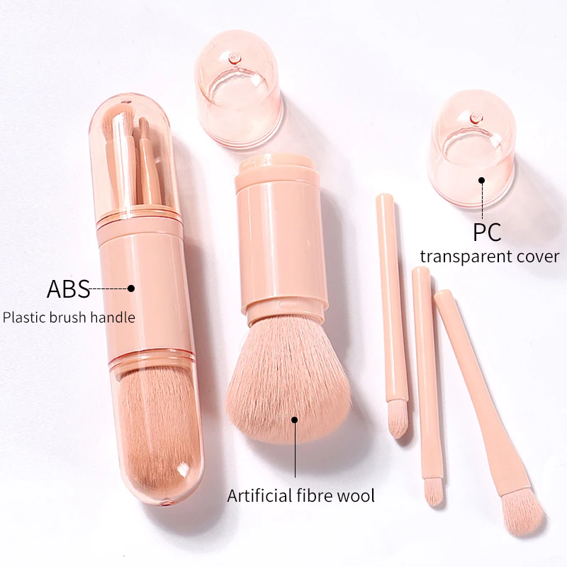 Hot sale Custom Private Label Logo 4-in-1 travel makeup brush set Vegan Synthetic Hair high quality pink Makeup Brushes