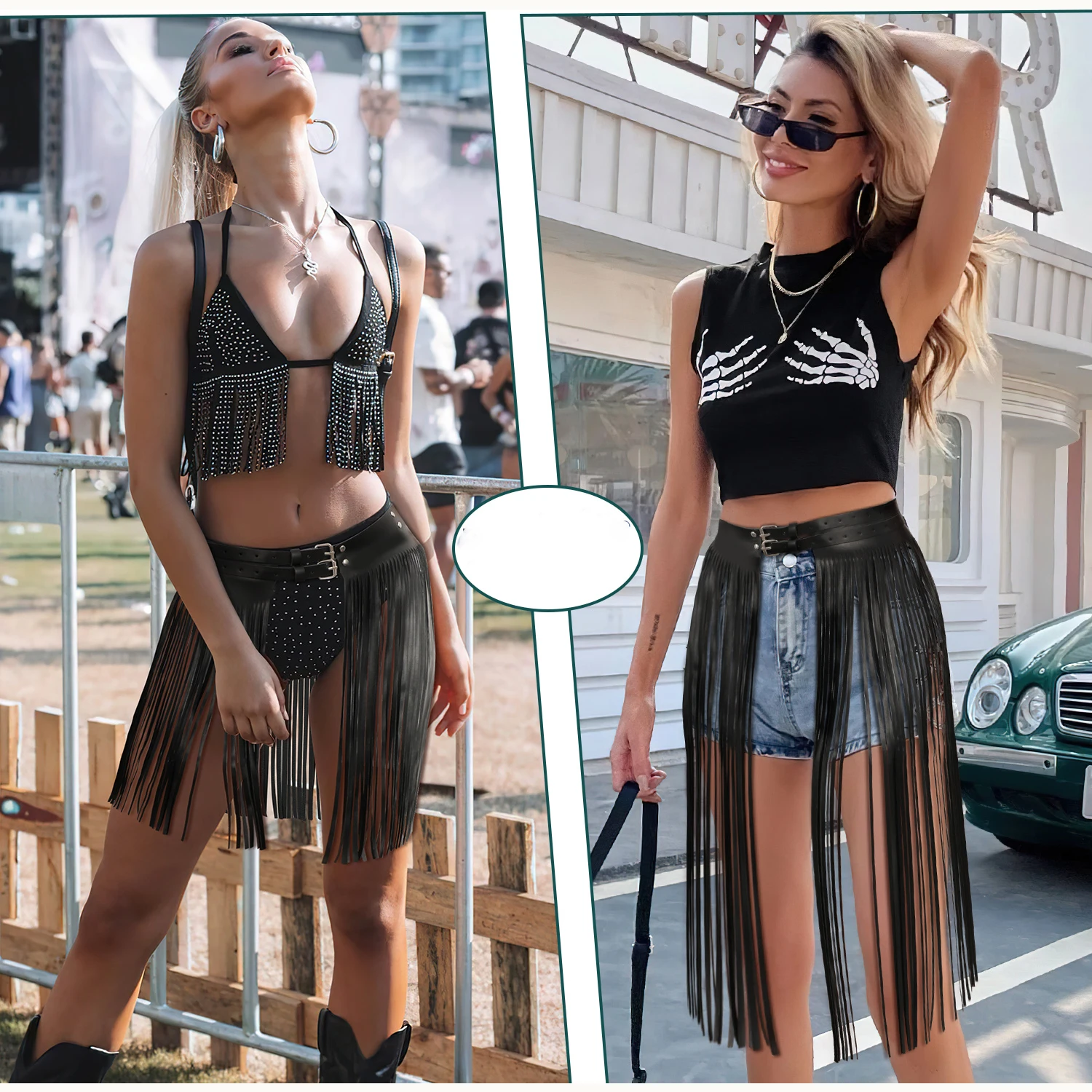 Chic Punk Style Black Harness Belt Tassels PU Leather Dress Waits Belt Double Pin Buckle Harness Belt