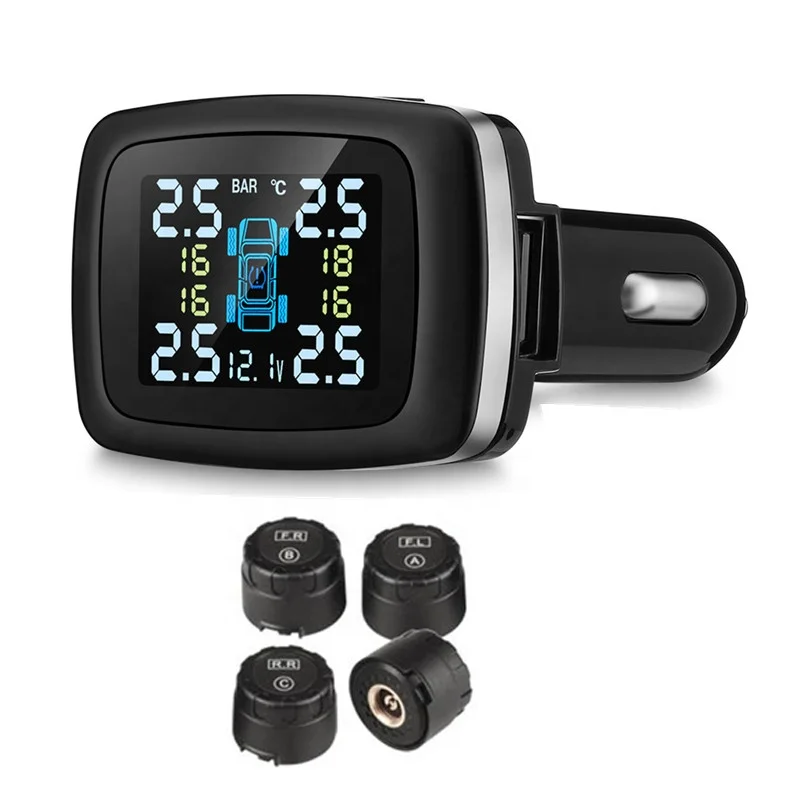 Car TPMS Tire Pressure Monitoring System Sensor USB Port Car Safety Alarm Cigarette Lighter Digital System 4 External Sensors