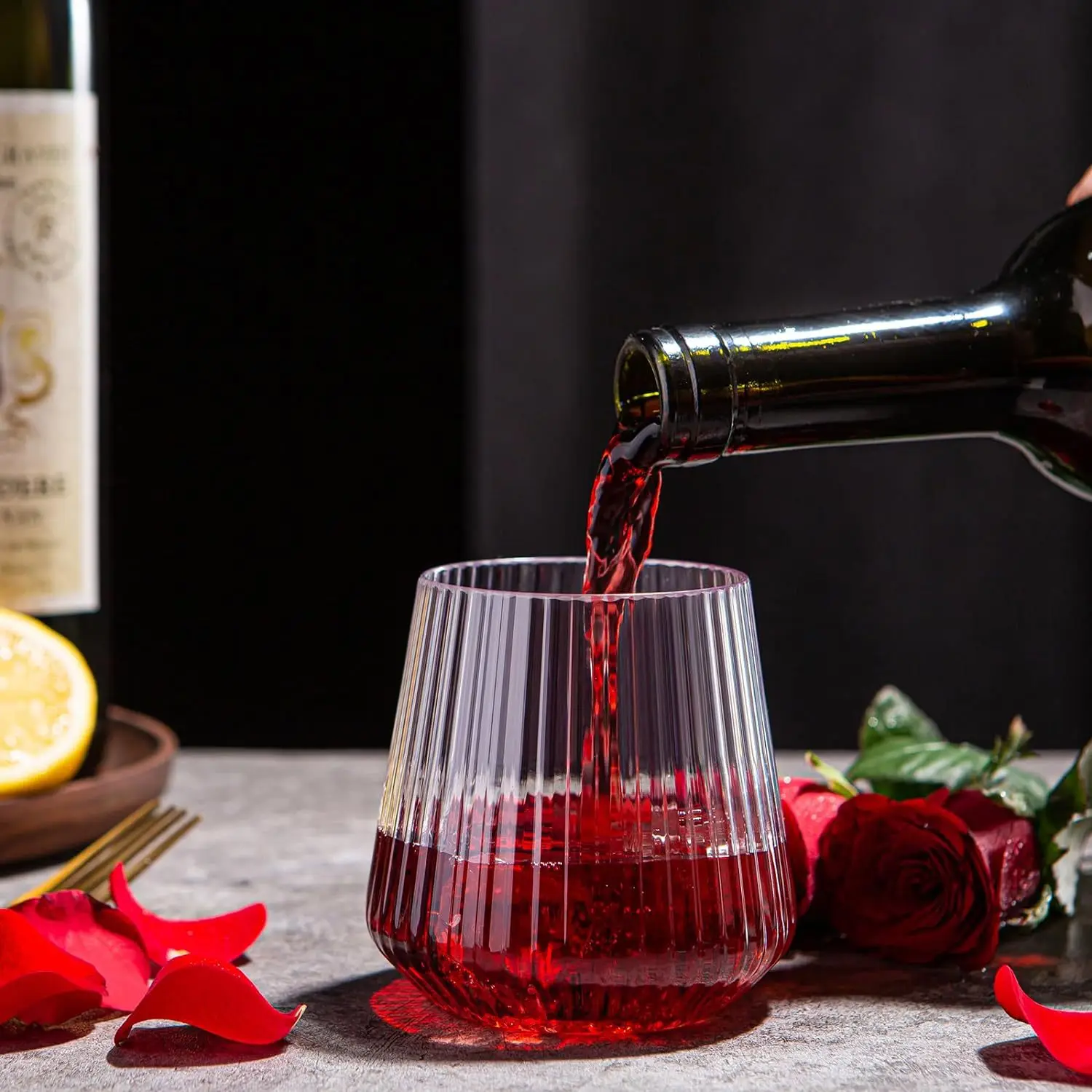 14Oz Disposable & Reusable Unique Vintage Stemless Plastic Ribbed Drinking Wine Glasses for Champagne Dessert Catering Weddings