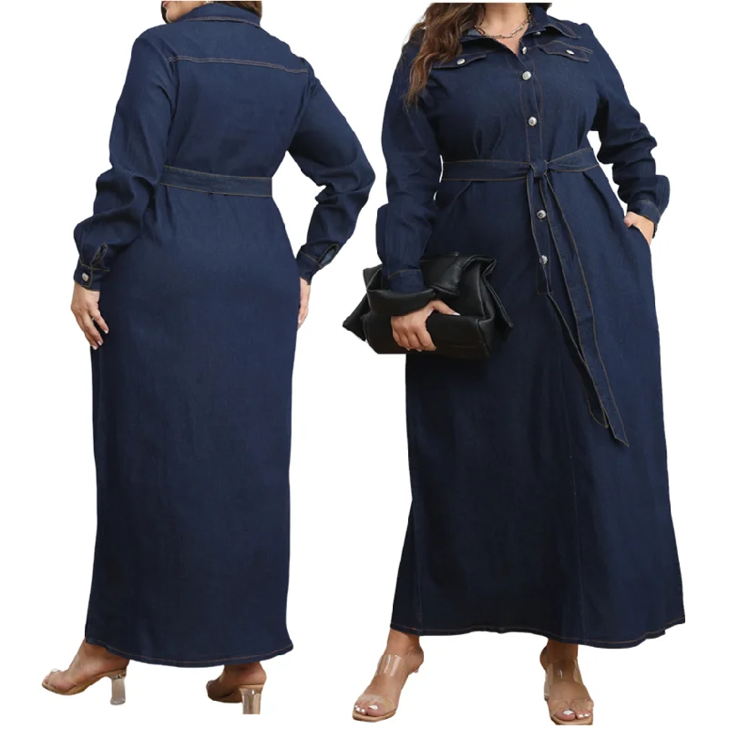 Y218319 High-Quality Autumn Plus Size Jeans Dresses Women Casual Turn-Down Collar Washed Long Maxi Dresses Women Denim Dress