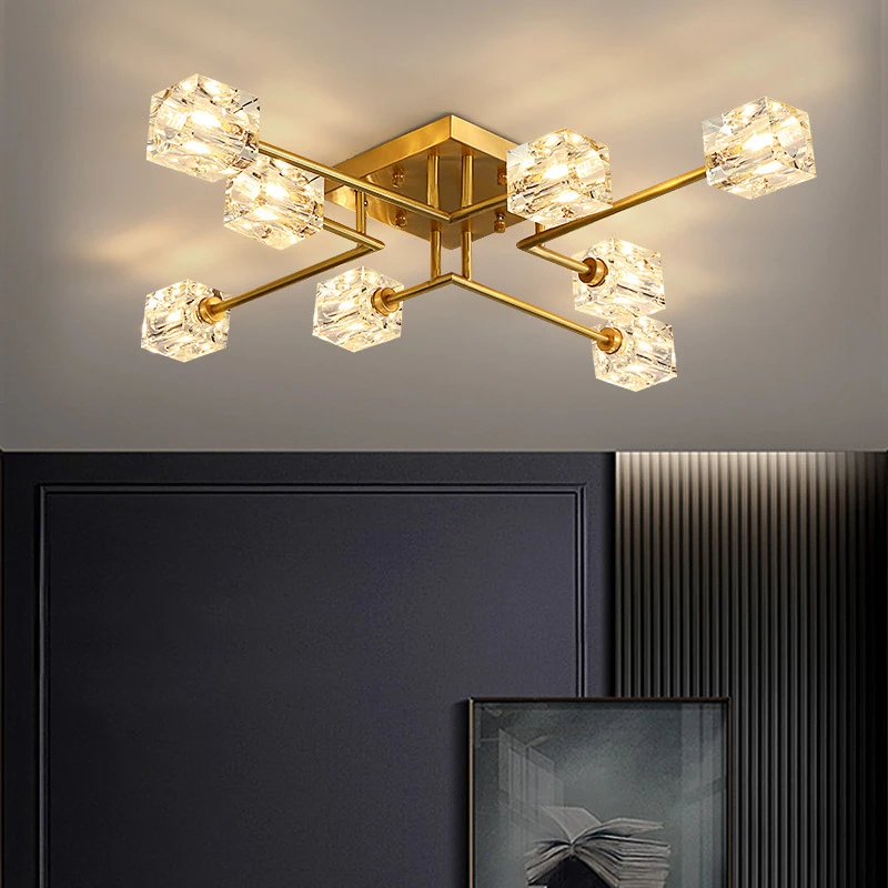 72W/96W/144W Gold Color Nordic Luxury Brass Material Custom Heads Crystal LED Ceiling Mounted Chandelier