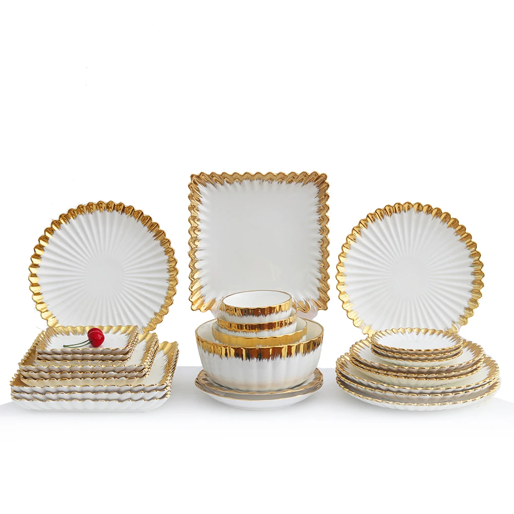 Hot sells spoons tableware set couples family  ceramic plates bowl edged with gold