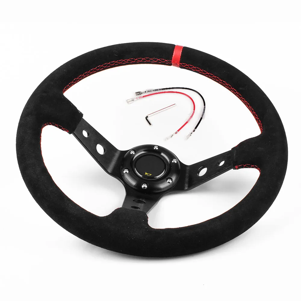 Customized Logo 6 Blots 14INCH 350mm Deep Dish Drifting Sport Suede Grip Steering Wheels For Racing Horn